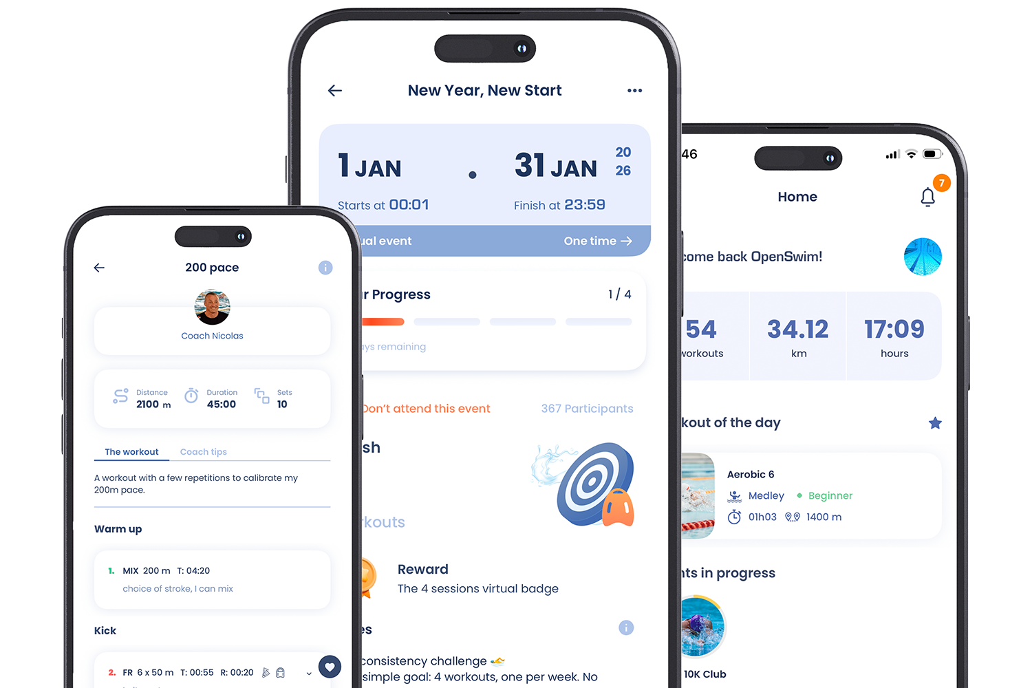 Mockup of 3 different pages on OpenSwim app