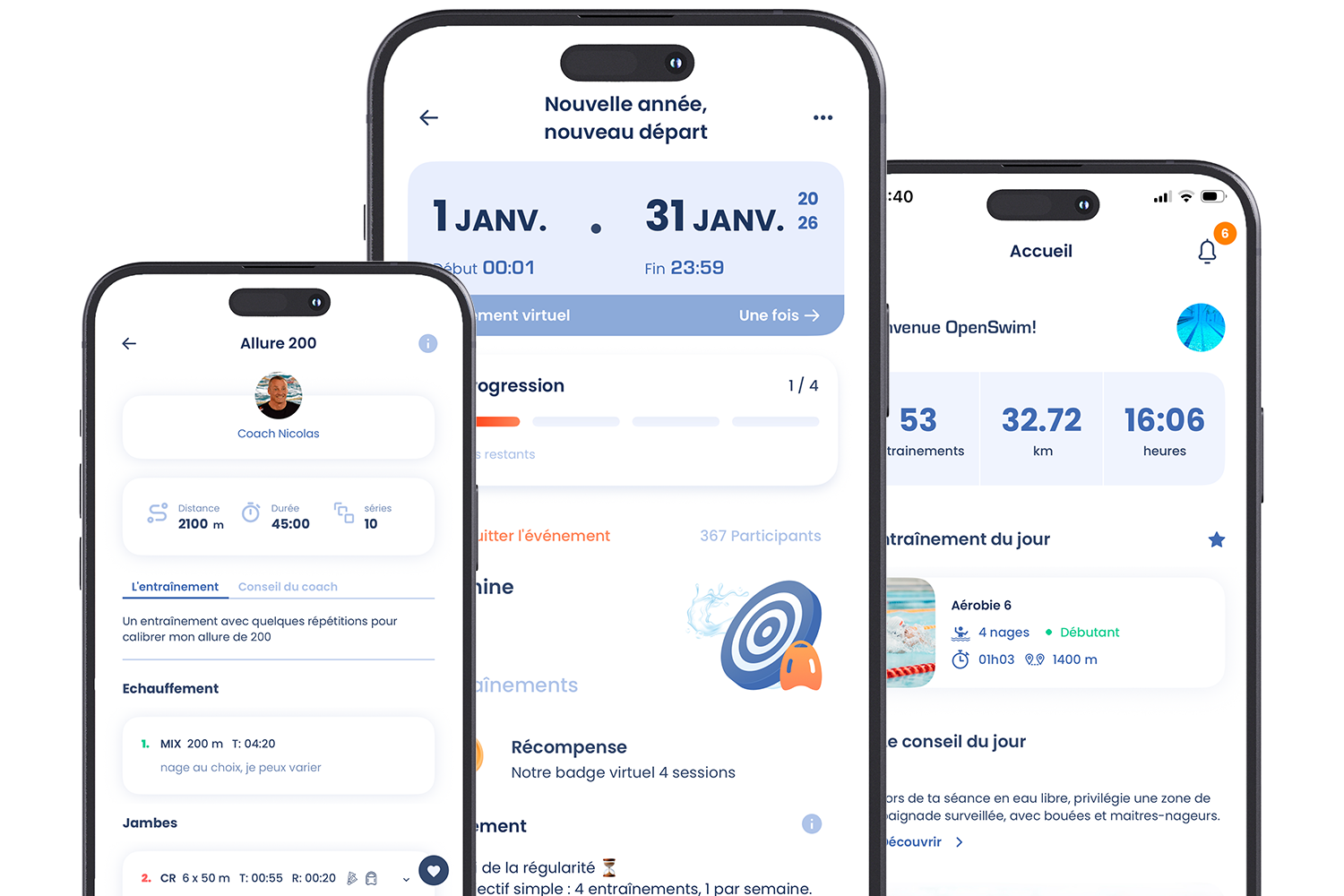 Mockup of 3 different pages on OpenSwim app
