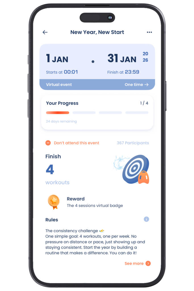 One virtual challenge page on OpenSwim app