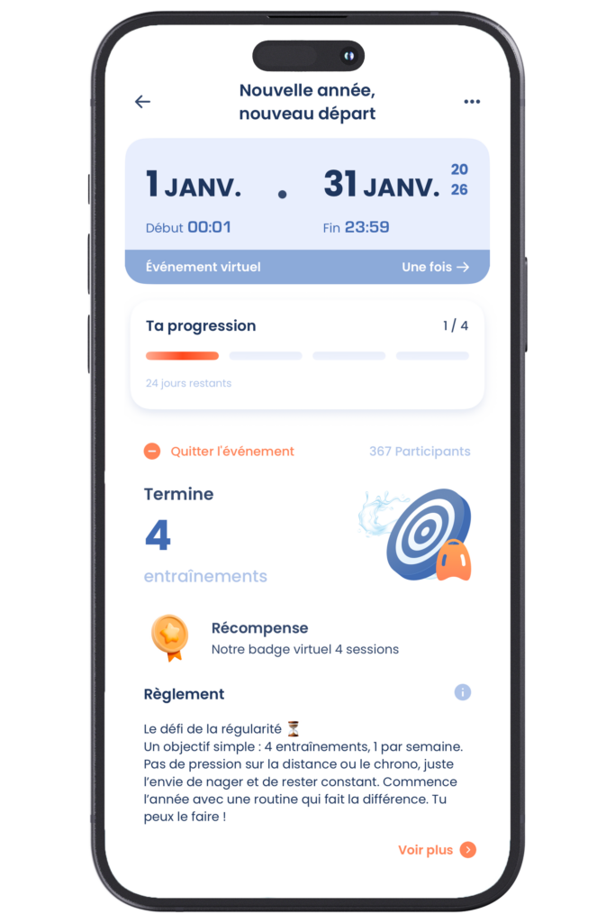 Page d'un challenge virtuel sur l'app OpenSwim