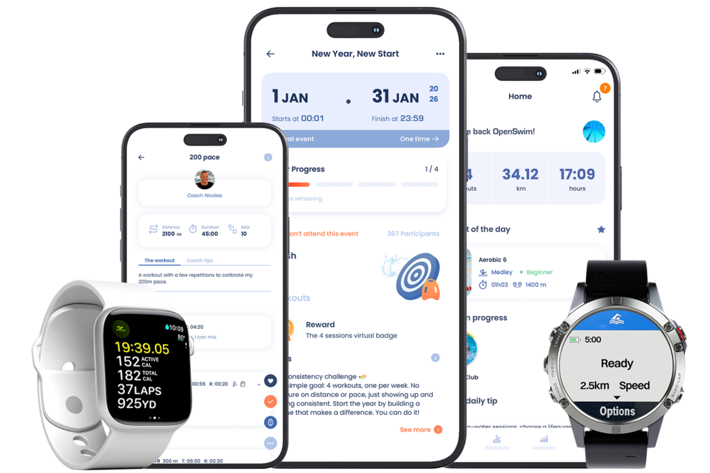 Mockups of different pages of OpenSwim swimming app