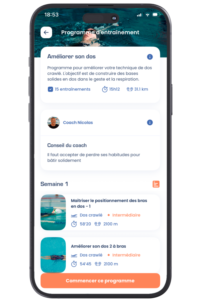Page d'un programme d'entrainement sur l'app OpenSwim