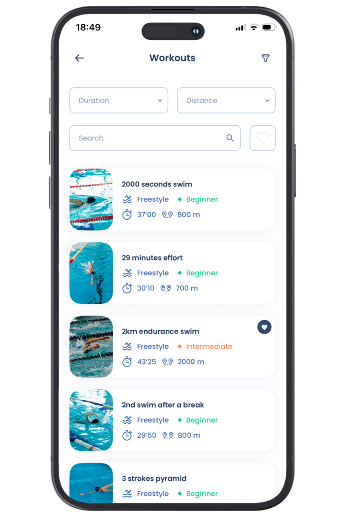 Workouts list page on OpenSwim app