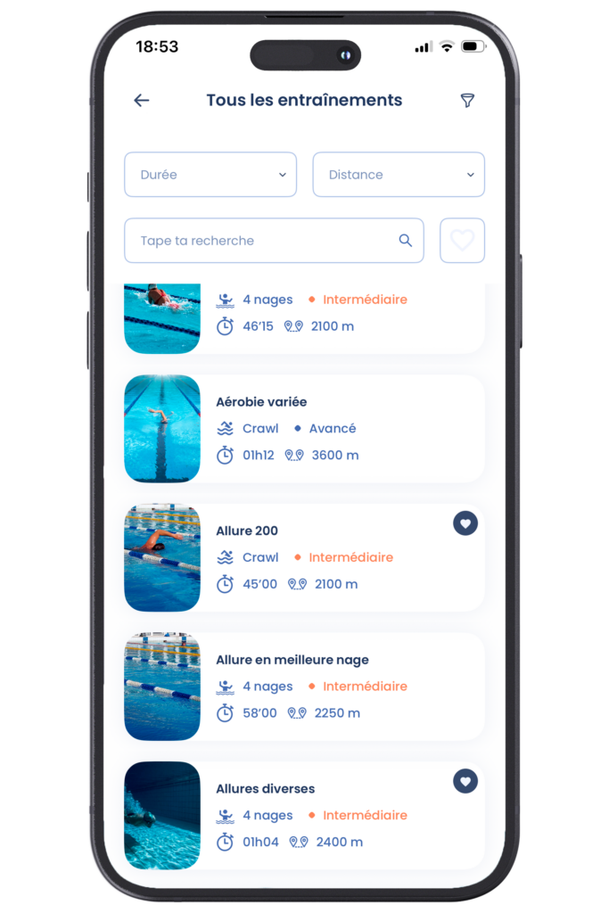 Page liste des entrainements sur l'app OpenSwim