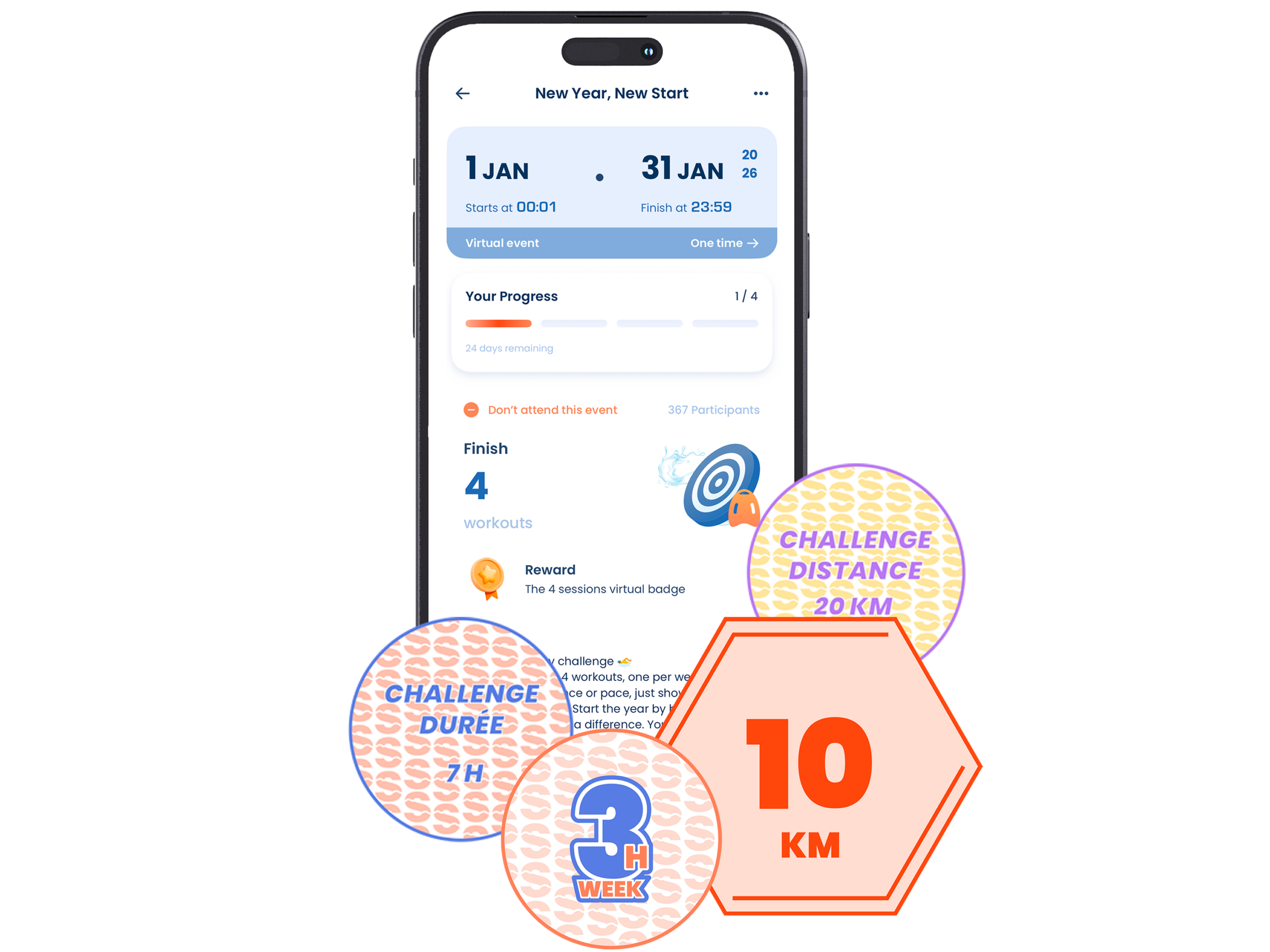 English page of a virtual challenge on the OpenSwim app