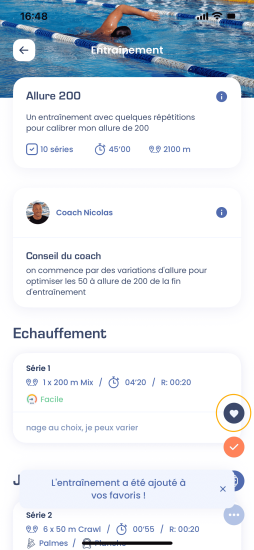 Pour ajouter un entrainement à vos favoris, cliquez simplement sur l'icône Coeur.